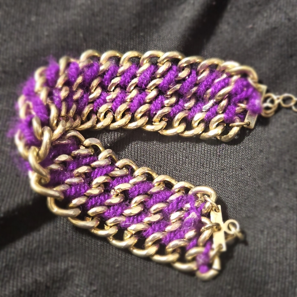 Gold Chain Bracelet with Purple Knit Inlay - Women Jewelry